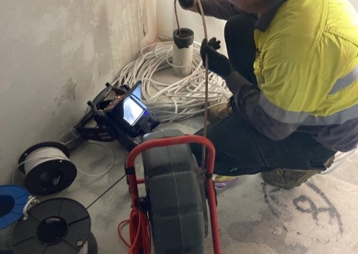 Plumber inserting monitor inside drainage — Plumbing Contractors in Narangba, QLD
